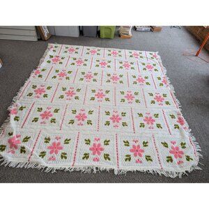 Vintage Chenille Bedspread 92x102” Pink Green Floral 3-Side Fringe Cotton